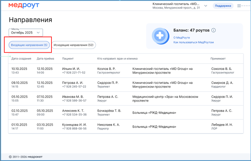 Входящие направления